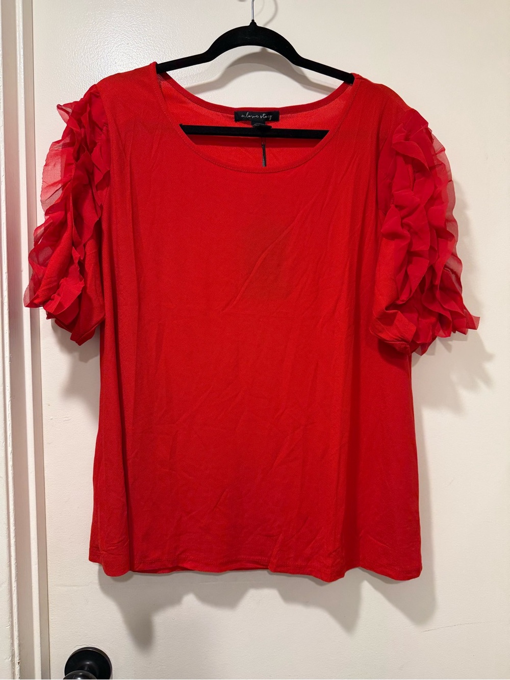 A love story Red Ruffle Sleeve Scoop Neck Tee